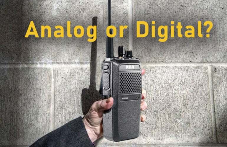 A hand holds an RCA 2-way radio in front of a concrete wall and below the title "Analog or Digital?"