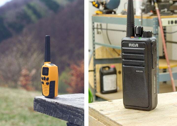 A yellow walkie-walkie is set on the edge of a wooden picnic table, beside an RCA commercial two-way radio set on a wooden, indoor workbench.