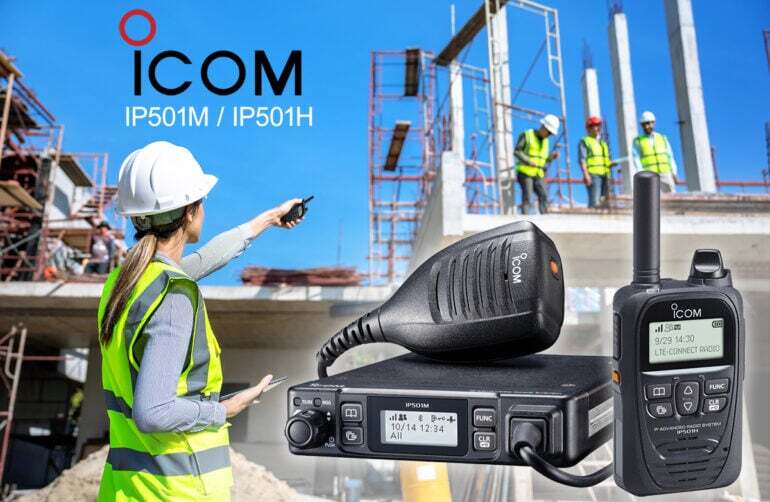 Two Icom push-to-talk over cellular radios, the IP501M and IP501H, are displayed next to a construction site where a foreman is directing instructions to crew members on a floor above her.