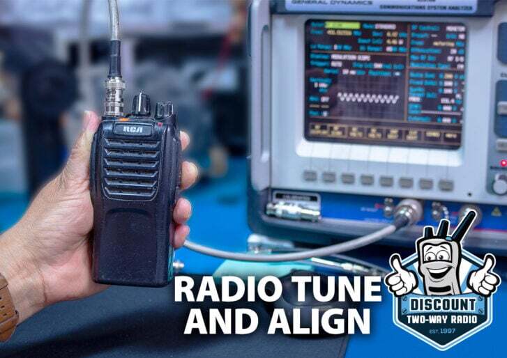 Tune and alignment concept for 2-way radios: a technician's hand holds a portable RCA radio while performing diagnostics.