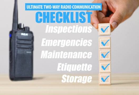 An RDR2500 handheld radio is displayed beside a two-way radio checklist, including check marks next to items like Inspections, Emergencies, Maintenance, Etiquette, and Storage.